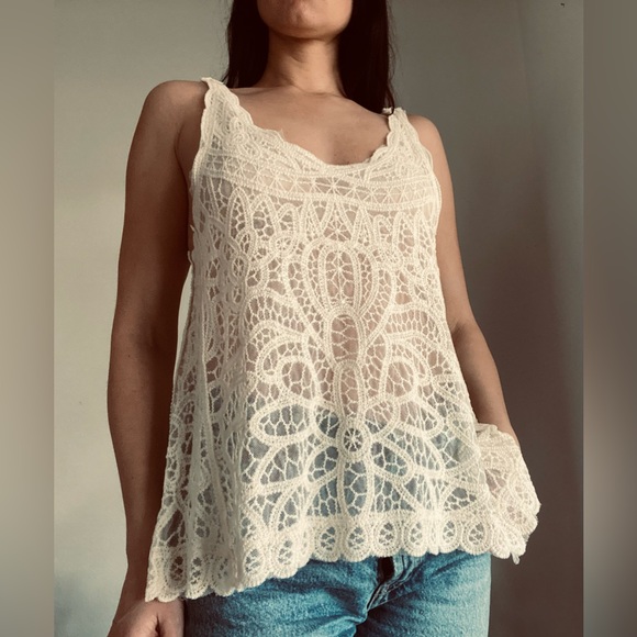Mystree Bohemian Style Lace Cream Tank Top One Size - Picture 5 of 11